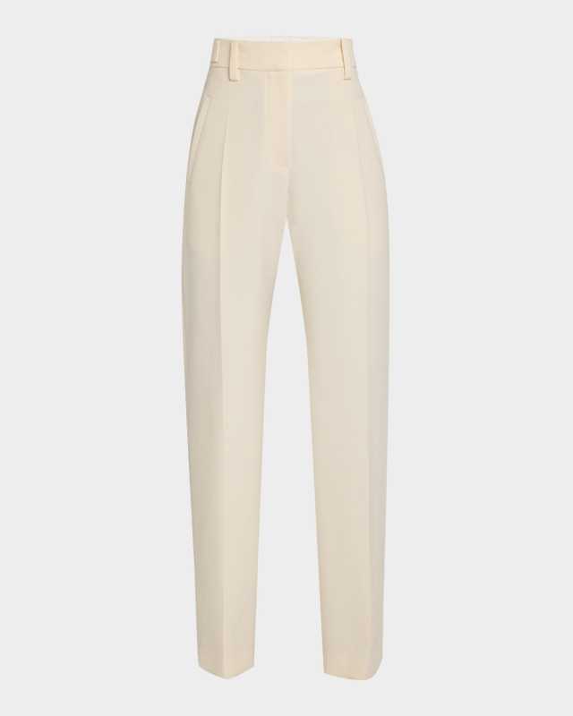 Button-Waist Double Canvas Wool Straight-Leg Pants